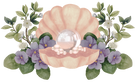 A logo featuring an open pink seashell with an enormous, shiny pearl inside, surrounded by smaller pearls, set against a backdrop of purple violets and white myrtle flowers.