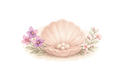 A pastel illustration of a pink clam shell with four white pearls inside, surrounded by small purple and pink flowers with green leaves on a white background.